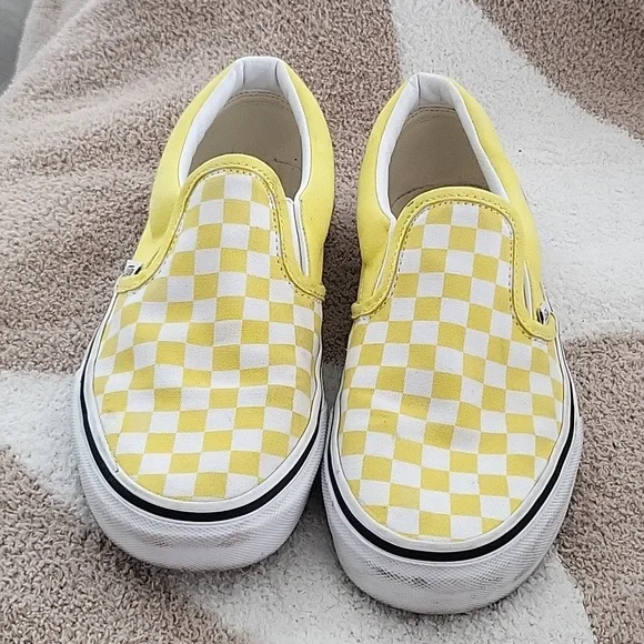 VANS White/Yellow Checkerboard Slip-on Sneakers Size 5 - Picture 1 of 8